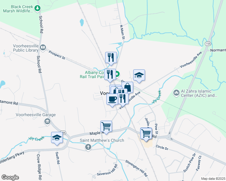 map of restaurants, bars, coffee shops, grocery stores, and more near 18 South Main Street in Voorheesville