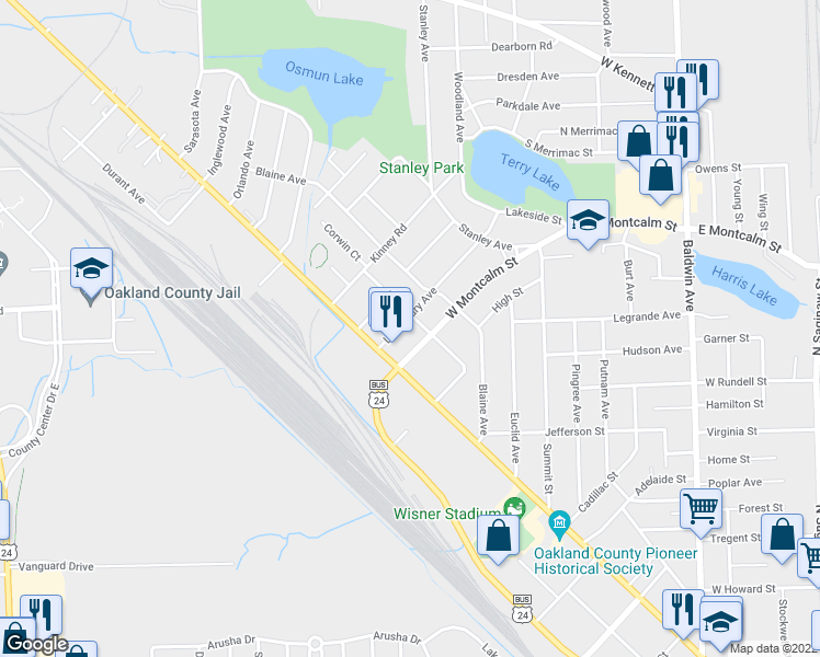 map of restaurants, bars, coffee shops, grocery stores, and more near 644 Lounsbury Avenue in Pontiac