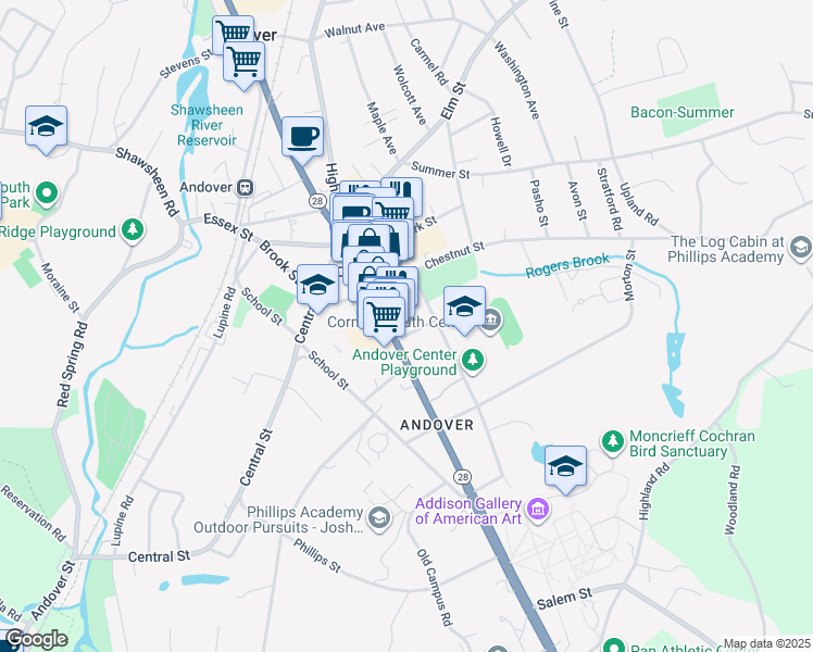map of restaurants, bars, coffee shops, grocery stores, and more near 93 Main Street in Andover