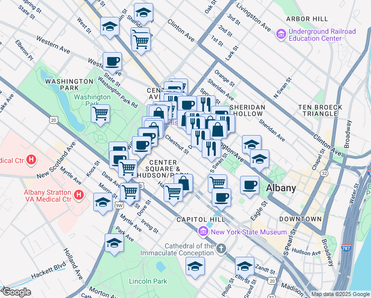 map of restaurants, bars, coffee shops, grocery stores, and more near 41 Dove Street in Albany