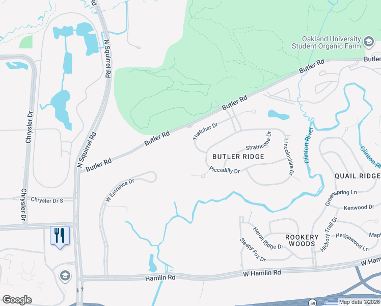 map of restaurants, bars, coffee shops, grocery stores, and more near 1075 West Entrance Drive in Auburn Hills