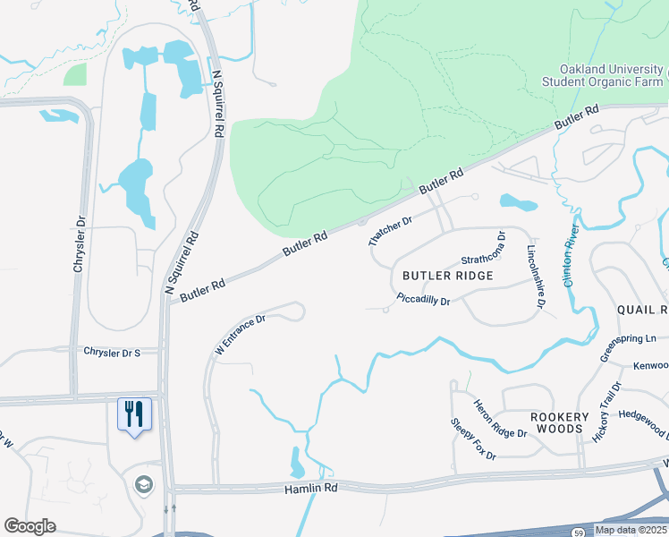 map of restaurants, bars, coffee shops, grocery stores, and more near 1075 West Entrance Drive in Auburn Hills