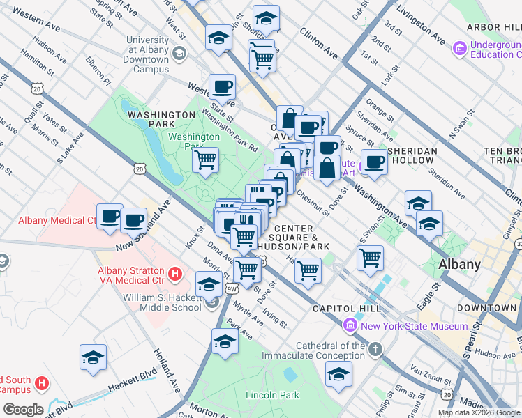 map of restaurants, bars, coffee shops, grocery stores, and more near in Albany