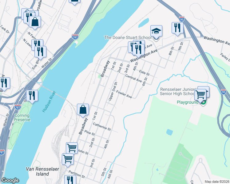 map of restaurants, bars, coffee shops, grocery stores, and more near 1497 3rd Street in Rensselaer
