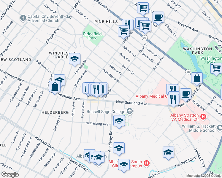 map of restaurants, bars, coffee shops, grocery stores, and more near Quail Street & Woodlawn Avenue in Albany