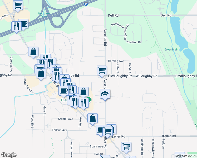 map of restaurants, bars, coffee shops, grocery stores, and more near 4525 East Willoughby Road in Delhi charter Township