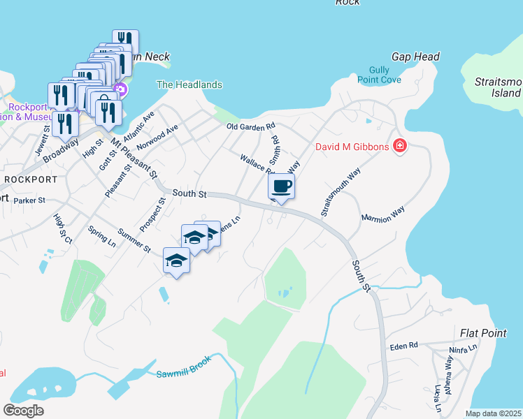map of restaurants, bars, coffee shops, grocery stores, and more near 38 South Street in Rockport
