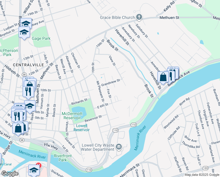 map of restaurants, bars, coffee shops, grocery stores, and more near 38 Fox Street in Dracut