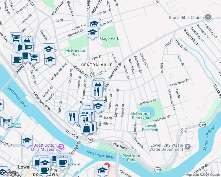 map of restaurants, bars, coffee shops, grocery stores, and more near 56 Methuen Street in Lowell