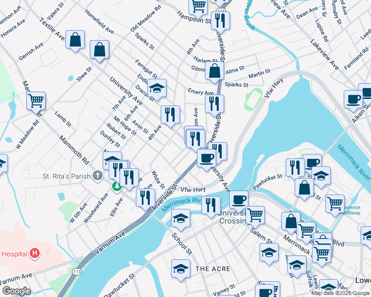 map of restaurants, bars, coffee shops, grocery stores, and more near 14 Gardner Avenue in Lowell