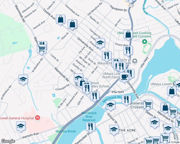 map of restaurants, bars, coffee shops, grocery stores, and more near 89 4th Avenue in Lowell