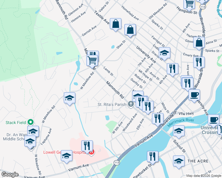 map of restaurants, bars, coffee shops, grocery stores, and more near 248 Mammoth Road in Lowell