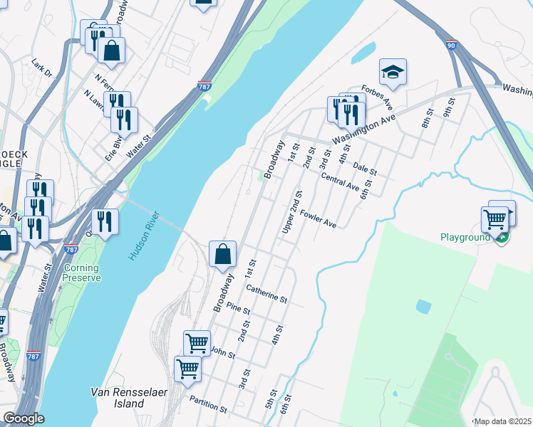 map of restaurants, bars, coffee shops, grocery stores, and more near 1452 Broadway in Rensselaer
