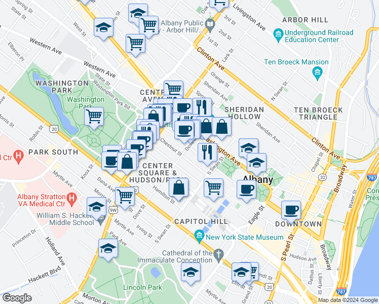 map of restaurants, bars, coffee shops, grocery stores, and more near in Albany