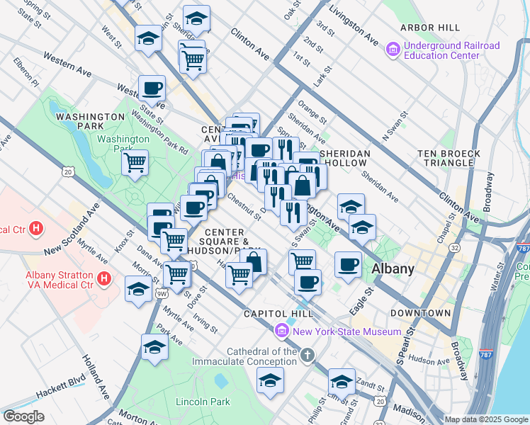 map of restaurants, bars, coffee shops, grocery stores, and more near in Albany