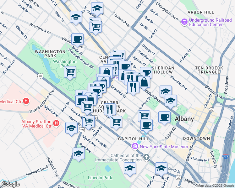 map of restaurants, bars, coffee shops, grocery stores, and more near 179 Lancaster Street in Albany