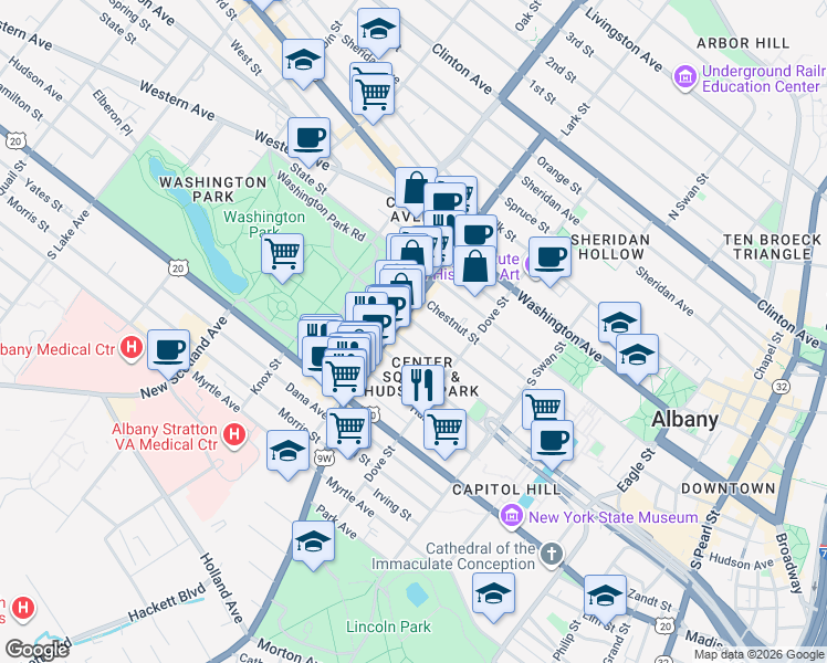 map of restaurants, bars, coffee shops, grocery stores, and more near 222 Jay Street in Albany