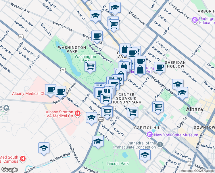 map of restaurants, bars, coffee shops, grocery stores, and more near in Albany