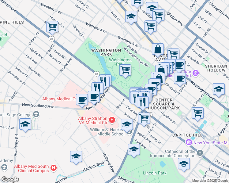 map of restaurants, bars, coffee shops, grocery stores, and more near in Albany