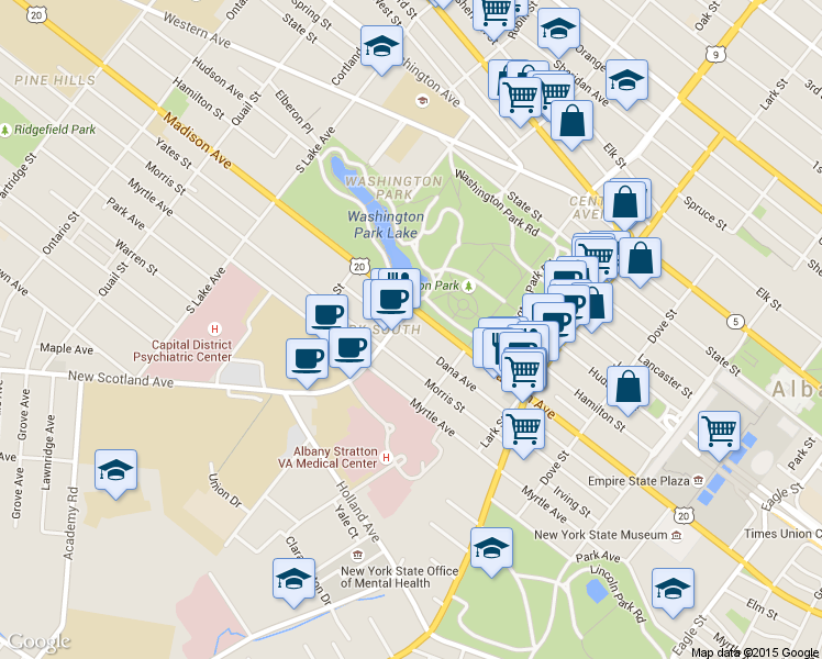 map of restaurants, bars, coffee shops, grocery stores, and more near in Albany