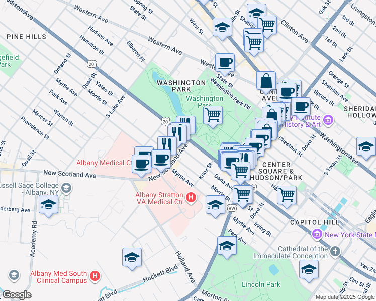 map of restaurants, bars, coffee shops, grocery stores, and more near in Albany