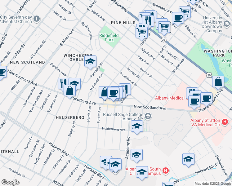 map of restaurants, bars, coffee shops, grocery stores, and more near 14 Grove Avenue in Albany
