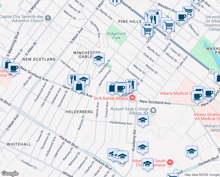 map of restaurants, bars, coffee shops, grocery stores, and more near in Albany