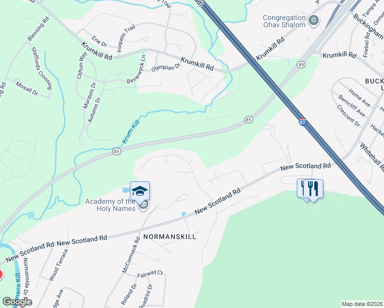 map of restaurants, bars, coffee shops, grocery stores, and more near 1 Deerwood Court in Albany