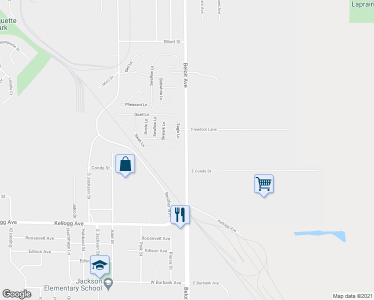 map of restaurants, bars, coffee shops, grocery stores, and more near 1753 Beloit Avenue in Janesville