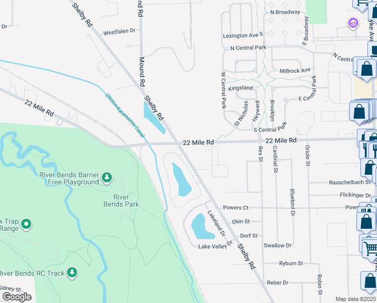 map of restaurants, bars, coffee shops, grocery stores, and more near 6300 22 Mile Road in Shelby charter Township