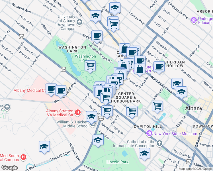map of restaurants, bars, coffee shops, grocery stores, and more near in Albany