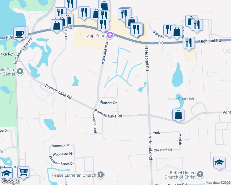 map of restaurants, bars, coffee shops, grocery stores, and more near 7380 Arbor Trail in Waterford Township