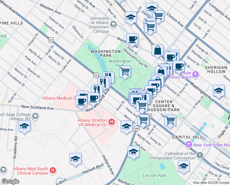 map of restaurants, bars, coffee shops, grocery stores, and more near 540 Madison Avenue in Albany