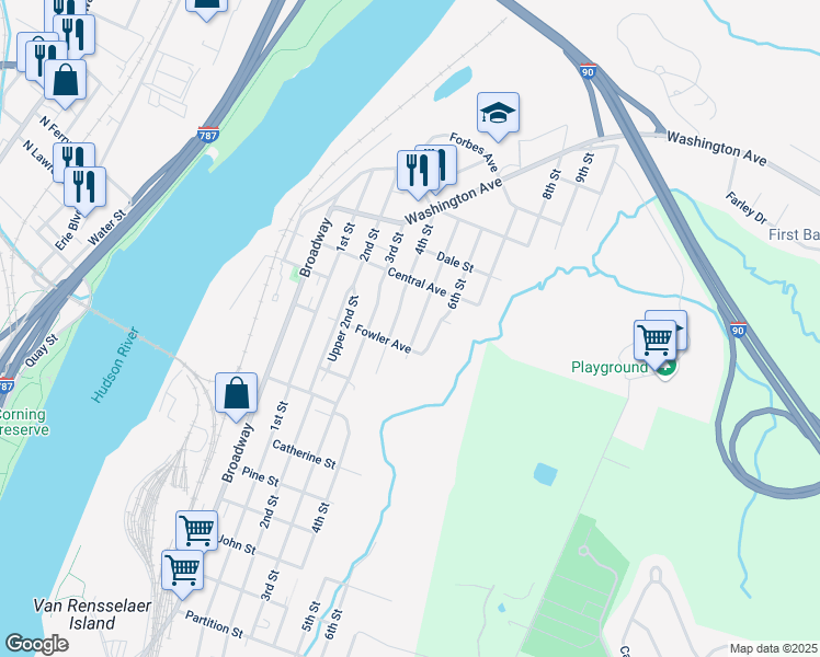 map of restaurants, bars, coffee shops, grocery stores, and more near 1504 4th Street in Rensselaer