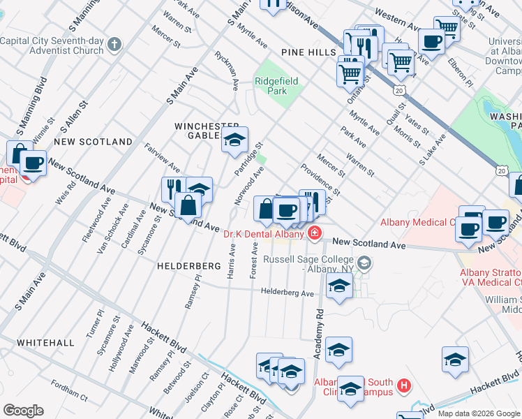 map of restaurants, bars, coffee shops, grocery stores, and more near in Albany