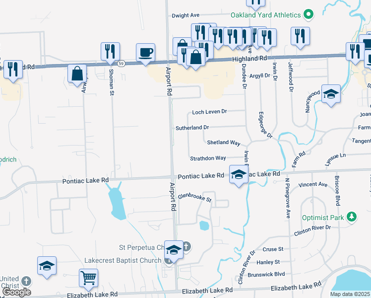 map of restaurants, bars, coffee shops, grocery stores, and more near 5925 Strathdon Way in Waterford Township