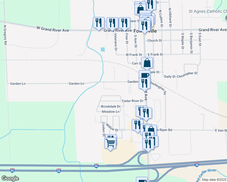 map of restaurants, bars, coffee shops, grocery stores, and more near 425 Meadowview Street in Fowlerville