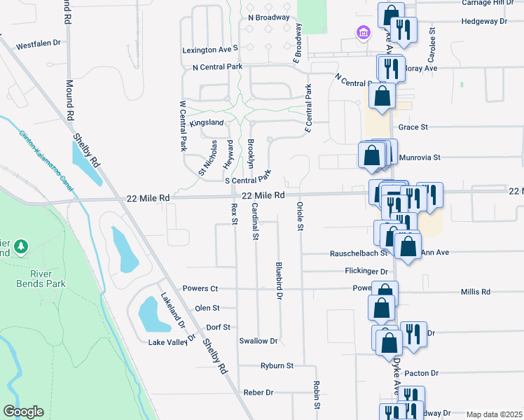 map of restaurants, bars, coffee shops, grocery stores, and more near 48910 Cardinal Street in Macomb County