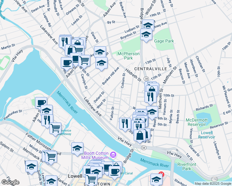 map of restaurants, bars, coffee shops, grocery stores, and more near 127 West 6th Street in Lowell