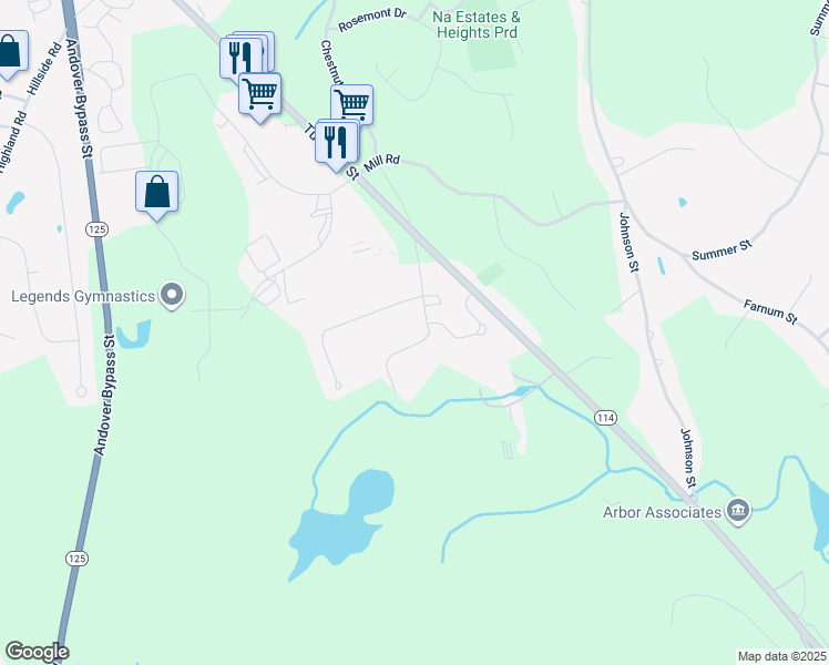 map of restaurants, bars, coffee shops, grocery stores, and more near 21 Evergreen Drive in North Andover