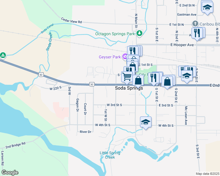 map of restaurants, bars, coffee shops, grocery stores, and more near 129 West 2nd South in Soda Springs