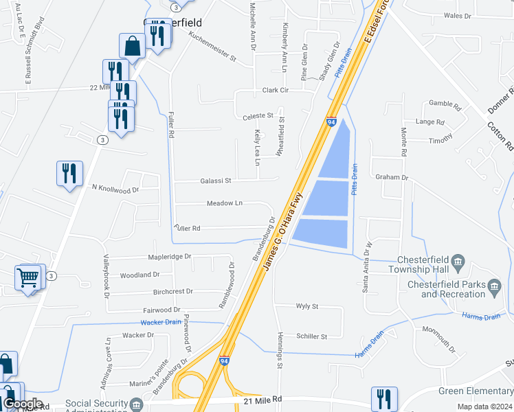 map of restaurants, bars, coffee shops, grocery stores, and more near 48063 Meadow Lane in New Baltimore
