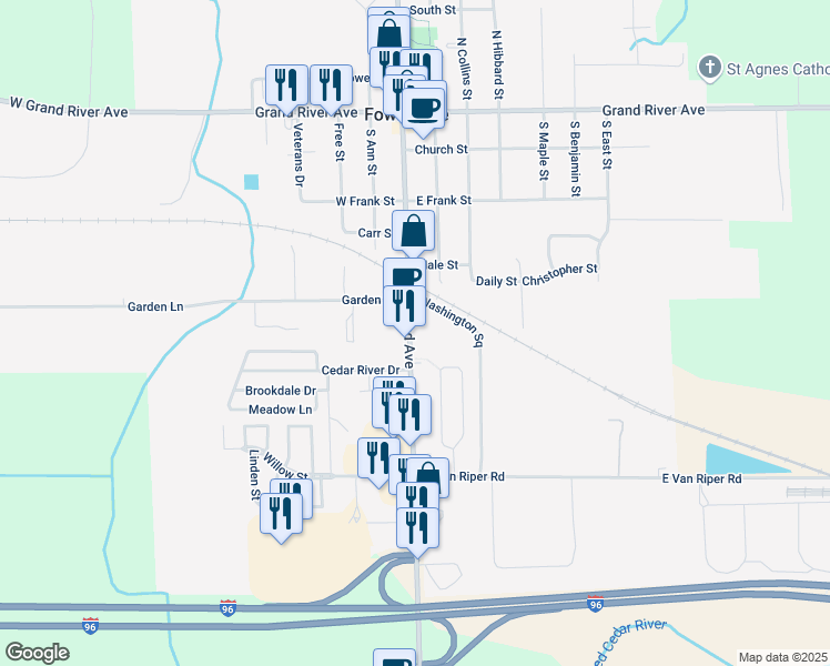 map of restaurants, bars, coffee shops, grocery stores, and more near 635 South Grand Avenue in Fowlerville