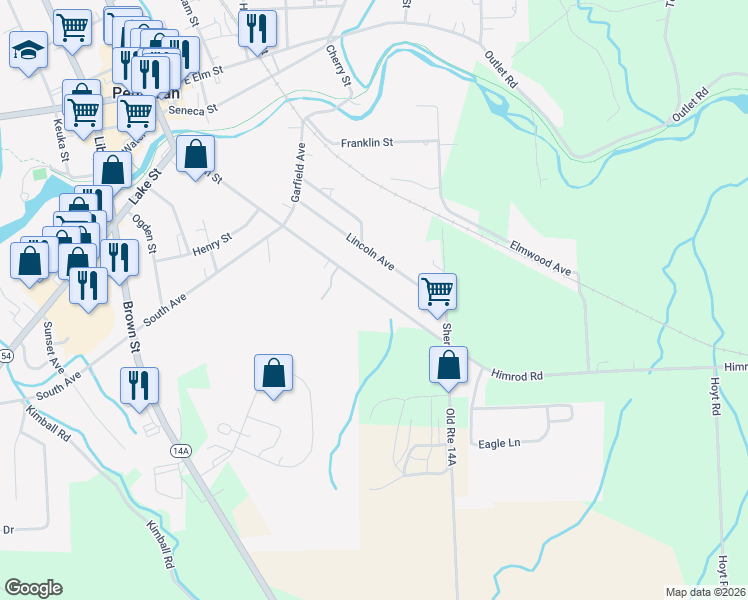 map of restaurants, bars, coffee shops, grocery stores, and more near 241 East Main Street in Penn Yan