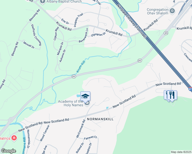 map of restaurants, bars, coffee shops, grocery stores, and more near 57 Woodside Drive in Albany
