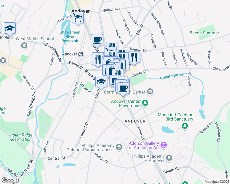 map of restaurants, bars, coffee shops, grocery stores, and more near 79 Main Street in Andover