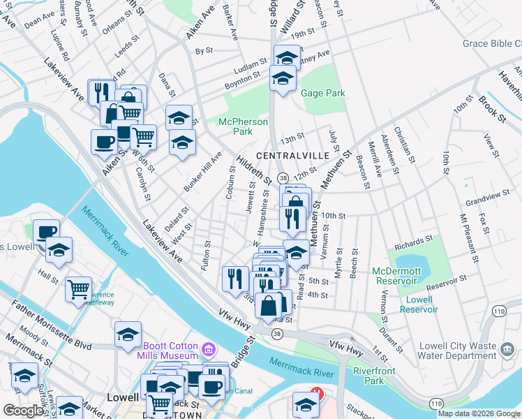 map of restaurants, bars, coffee shops, grocery stores, and more near 50 Hampshire Street in Lowell