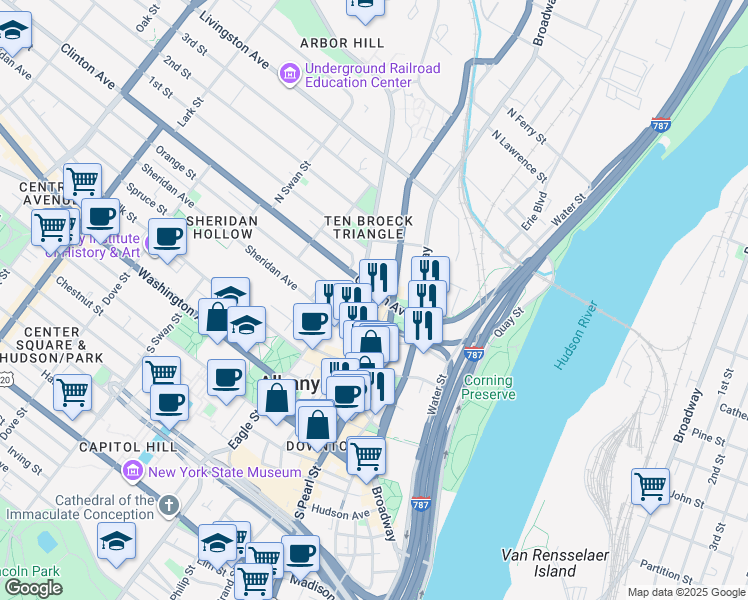 map of restaurants, bars, coffee shops, grocery stores, and more near 3 Clinton Square in Albany