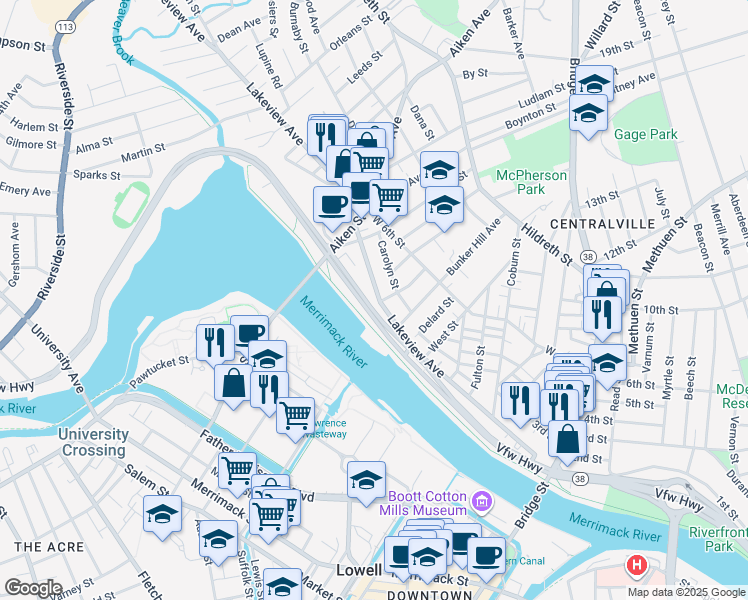 map of restaurants, bars, coffee shops, grocery stores, and more near 521 Lakeview Avenue in Lowell