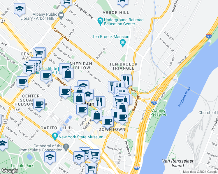map of restaurants, bars, coffee shops, grocery stores, and more near 56 Sheridan Avenue in Albany